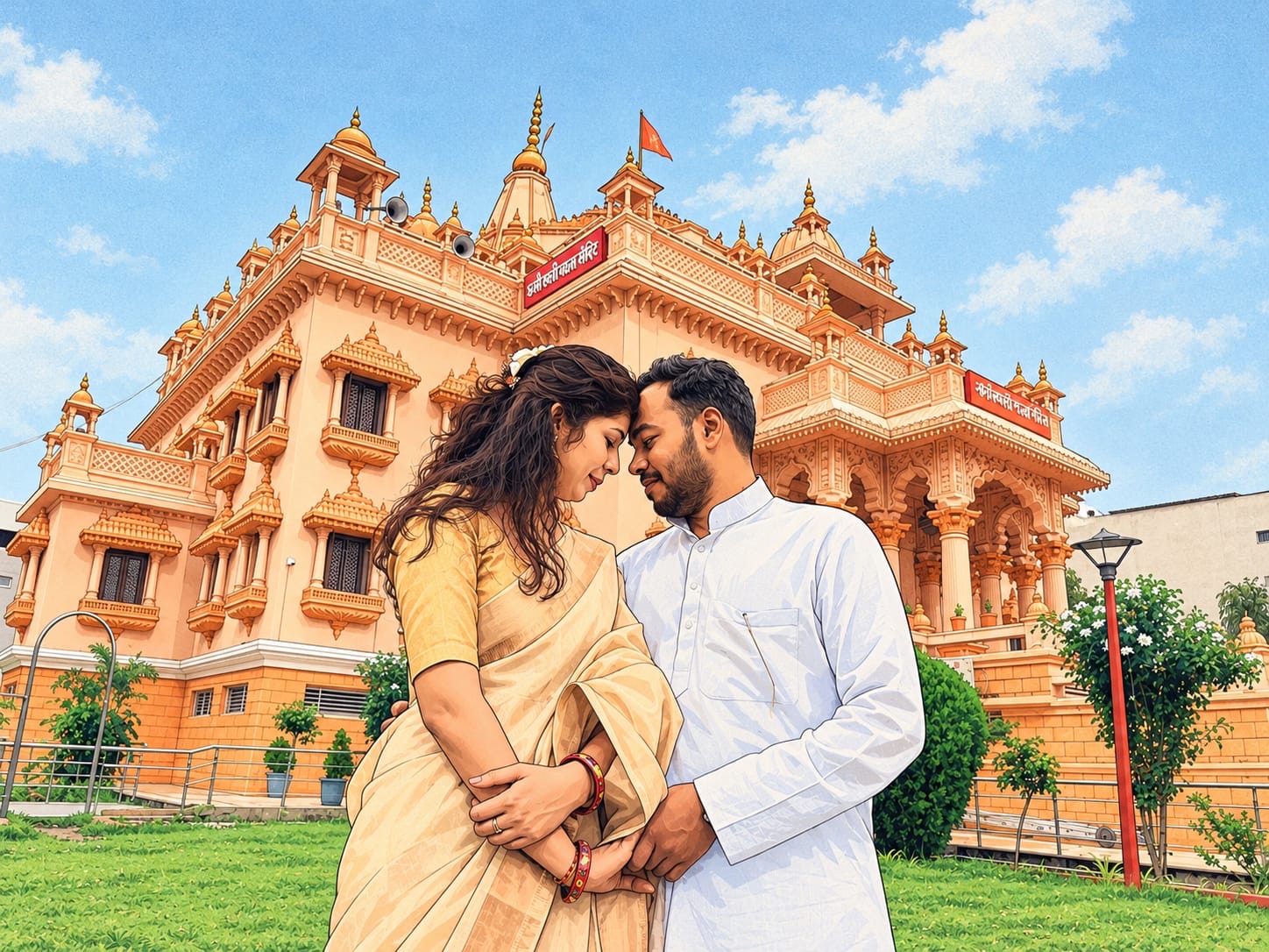 Suyash and Astha, foreheads touching, in front of a palace